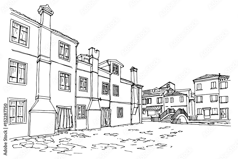 Vector sketch of architecture of Burano island, Venice, Italy.