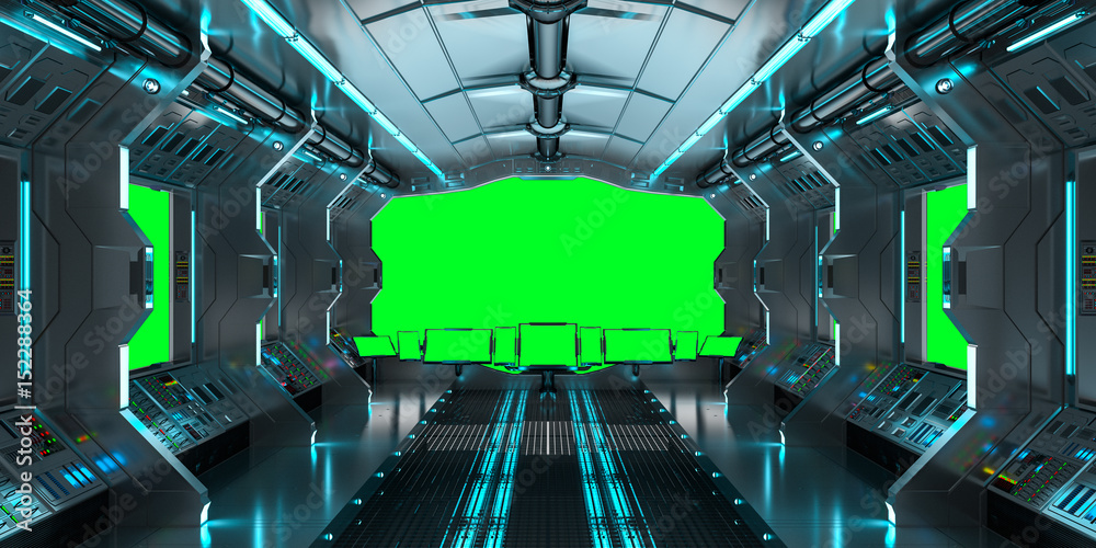 Fototapeta premium Spaceship interior with view on green windows 3D rendering