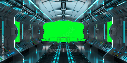 Spaceship interior with view on green windows 3D rendering