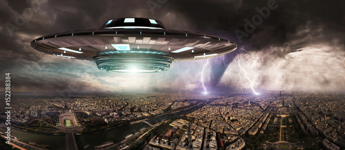 Fototapeta Naklejka Na Ścianę i Meble -  UFO invasionover planet earth city 3D rendering