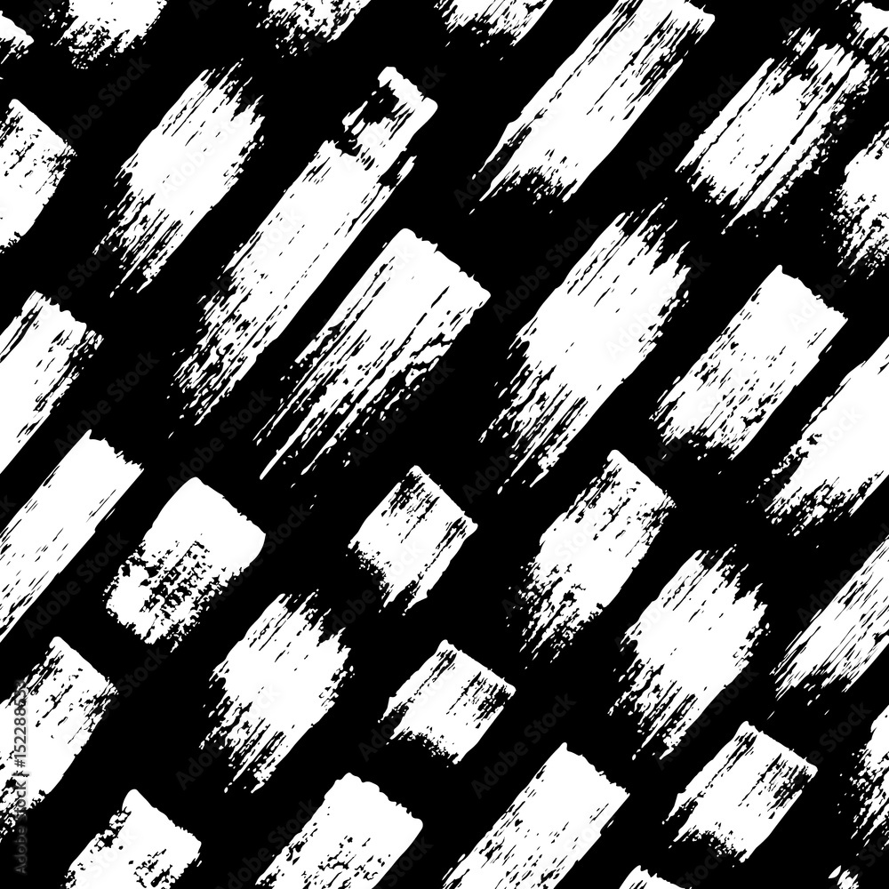 Naklejka premium Vector seamless pattern with brush stripes and strokes. White color on black background. Hand painted grange texture. Ink geometric elements. Fashion modern style. Endless fabric print.