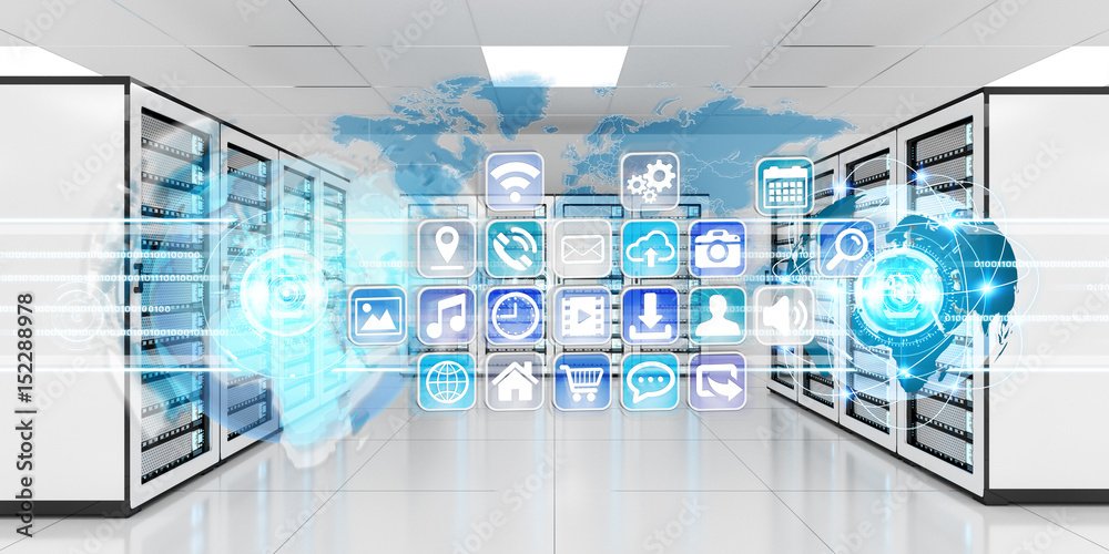 Graph holograms flying over server room data center 3D rendering Graph holograms flying over server room data center 3D rendering