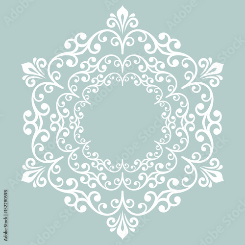 Oriental vector round white pattern with arabesques and floral elements. Traditional classic ornament. Vintage pattern with arabesques