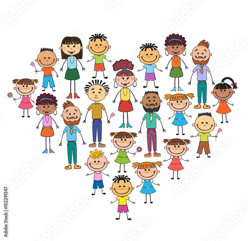 Cartoon baby faces in heart shaped frame vector face, love, smile, illustration, childhood, kid, global, associations, unions, internationally, crowd, many, society,