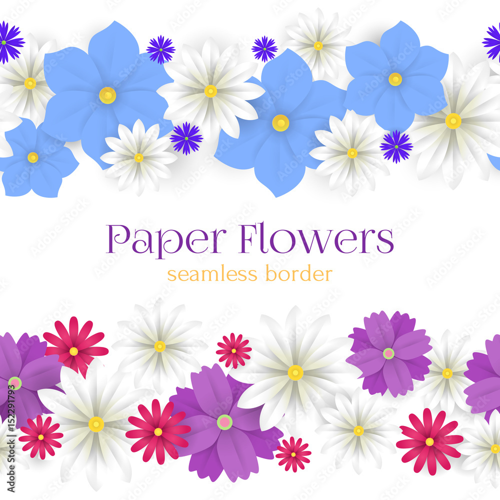 Colorful vector paper flowers horizontal seamless borders illustration. 3d origami abstract flower decoration .Paper art style for banner, poster, promotion, web site, online shopping, advertising.