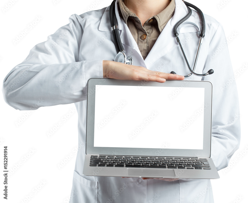 Female doctor holding a laptop, isolated on white background Female doctor holding a laptop, isolated on white background