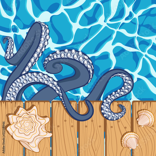 Marine summer background with water, shells and tentacles of an octopus. Vector illustration.