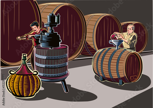 Cellar with big barrels of wine, and men at work.