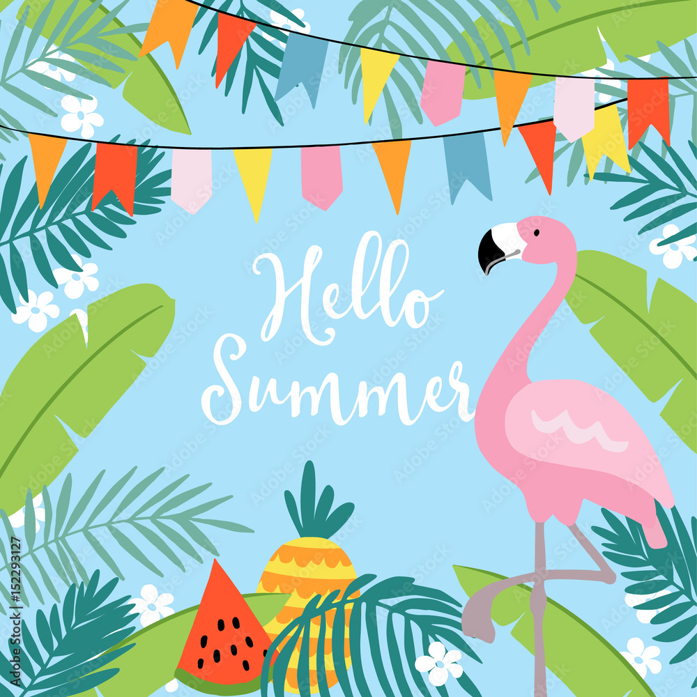 Naklejka premium Witam lato kartkę z życzeniami, zaproszenia, zaproszenia z ręcznie rysowane liści palmowych, kwiatów, ptaków flamingo i flag partii. Projekt tropikalnej dżungli. Tło wektor ilustracja.