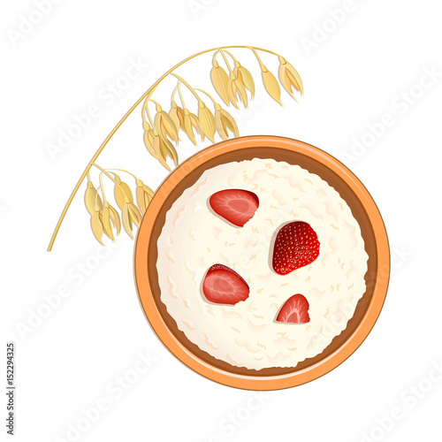 Tasty oatmeal with berries and Oat ears of grain. top view. close-up