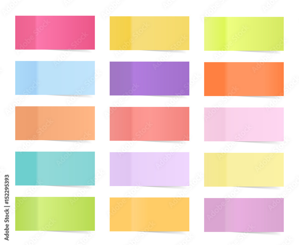Vector sticky notes isolated on white. Colored paper stickers for remember illustration.Collection of colorful sticky notes, transparent shadows