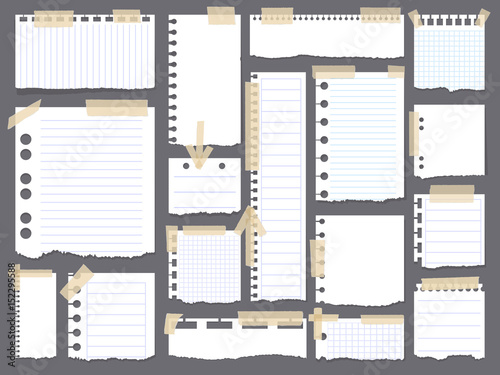 Pieces of torn white blank lined note paper with colorful sticky tape on gray background