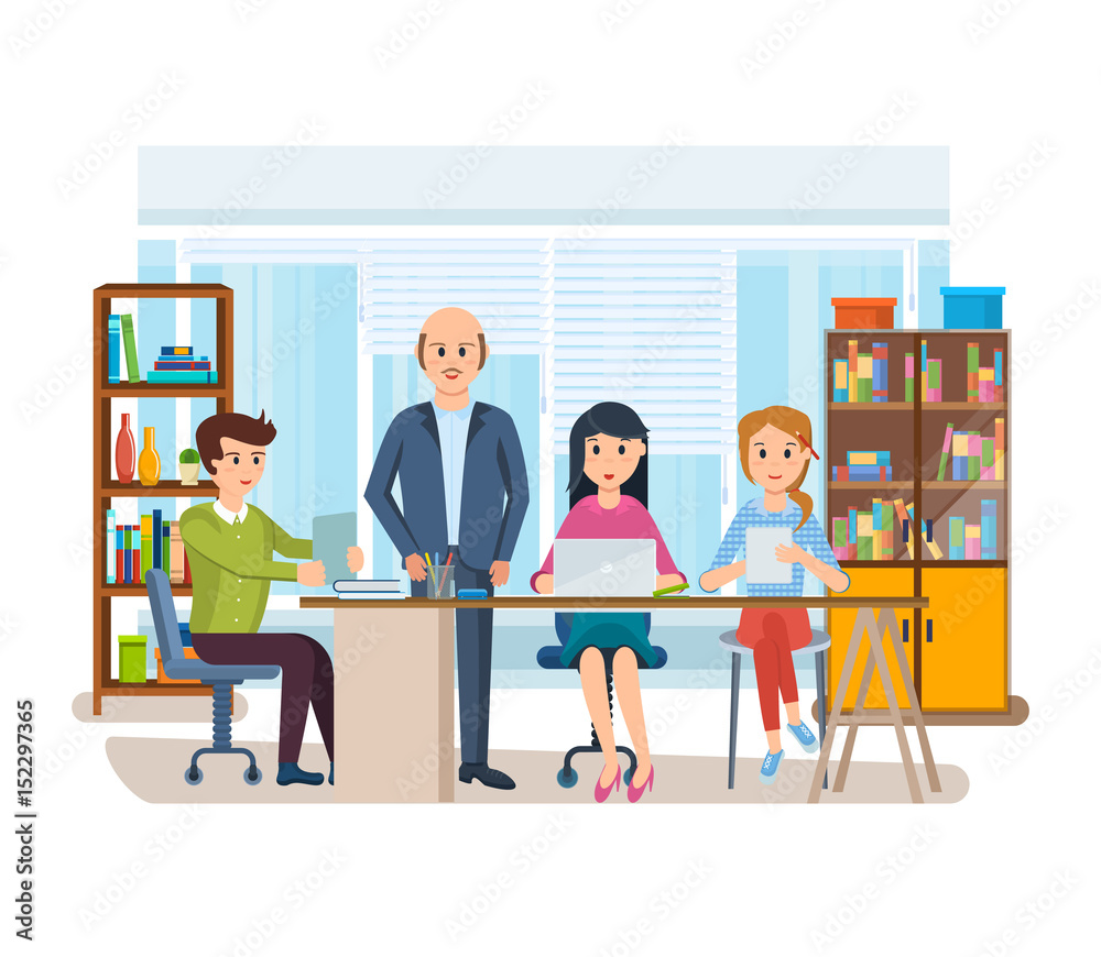 Business characters working in office, business man entrepreneur with colleagues. Business characters working in office, business man entrepreneur with colleagues.