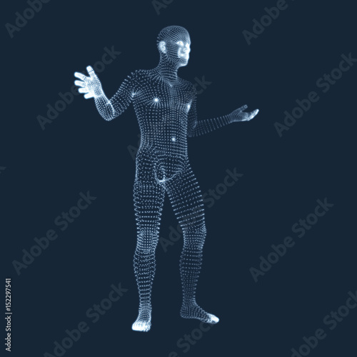 Fototapeta Naklejka Na Ścianę i Meble -  Man Stands on his Feet. 3D Model of Man. Human Body Model. View of Human Body. Vector Graphics Composed of Particles.