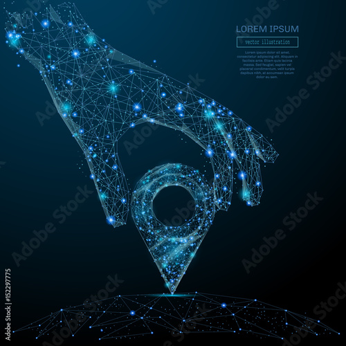 Polygonal hand holding pin. Business concept. Vector mesh spheres from flying debris. Thin line concept. Blue structure style illustration