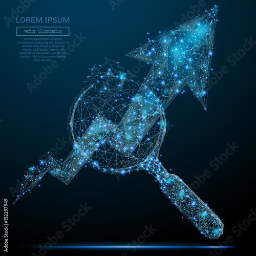 Polygonal magnifying glass and chart. Business concept. Vector mesh spheres from flying debris. Thin line concept. Blue structure style illustration