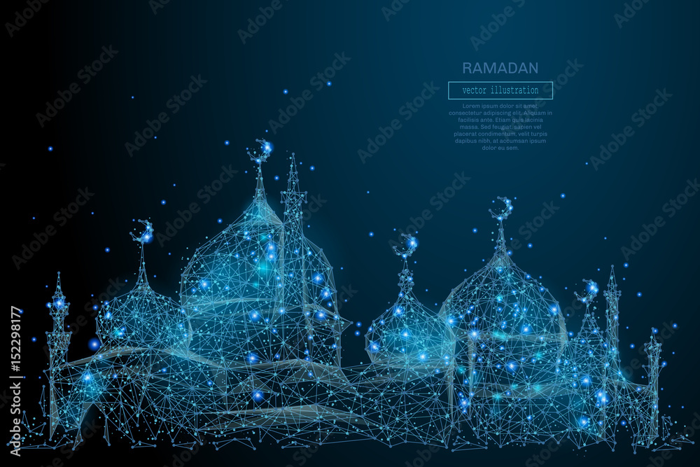 Fototapeta premium Abstract image of arabic mosque in the form of a starry sky or space, consisting of points, lines, and shapes in the form of planets, stars and the universe. Vector Ramadan Kareem concept