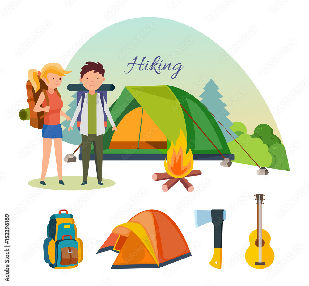 Tourists, engaged in hiking, camping, basic equipment, facilities in hikes.