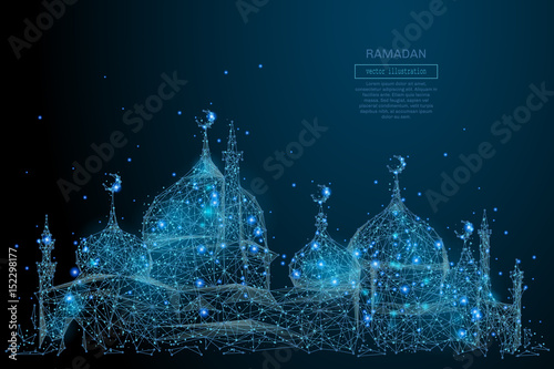 Abstract image of arabic mosque in the form of a starry sky or space, consisting of points, lines, and shapes in the form of planets, stars and the universe. Vector Ramadan Kareem concept