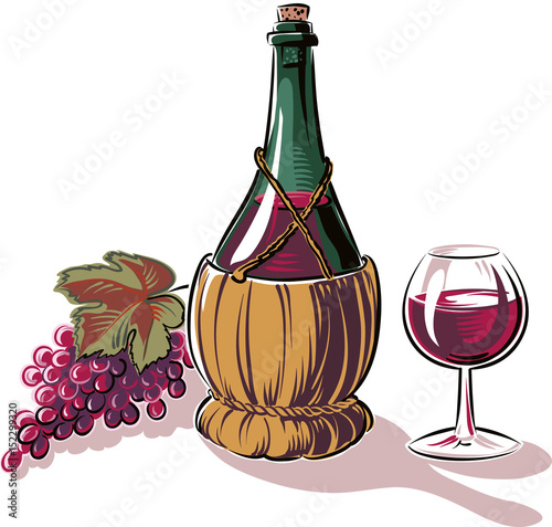bunch of grapes ripe and a black wine bottle and a glass of red wine.