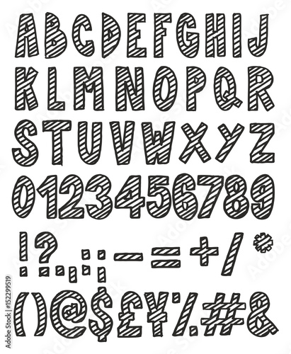 Thick Doodle Handwritten Outline   Stripe Fill Alphabet  Numbers   Signs with Marker Pen
