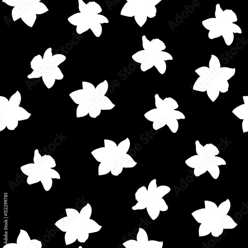 Seamless pattern. White narcissus flowers small same sizes isolated on black background. Vector illustration