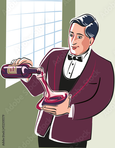 Young wine taster, intent on pouring wine from a bottle just uncorked.