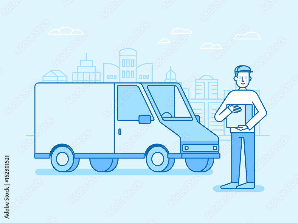 Vector illustration in flat linear style and blue colors - delivery concept Vector illustration in flat linear style and blue colors - delivery concept