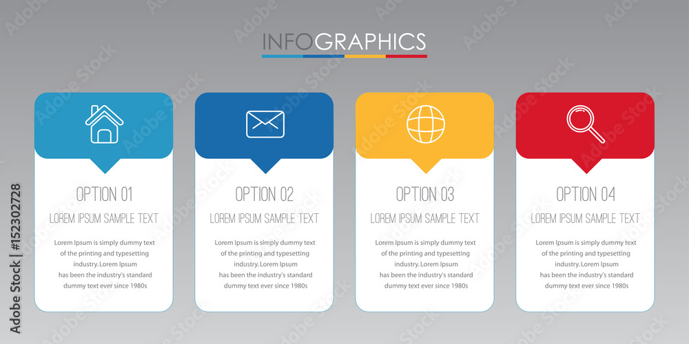 Modern Info-graphic Template for Business with four steps multi-Color design, labels design, Vector info-graphic element, Flat style vector illustration.