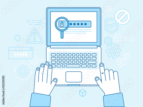 Vector illustration in modern flat linear style and blue colors - hacker stealing password data
