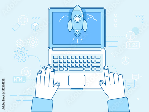 Vector flat linear illustration in blue colors - startup concept