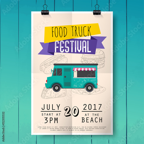 Food truck festival poster on wood texture background. Flat design style modern vector illustration concept.