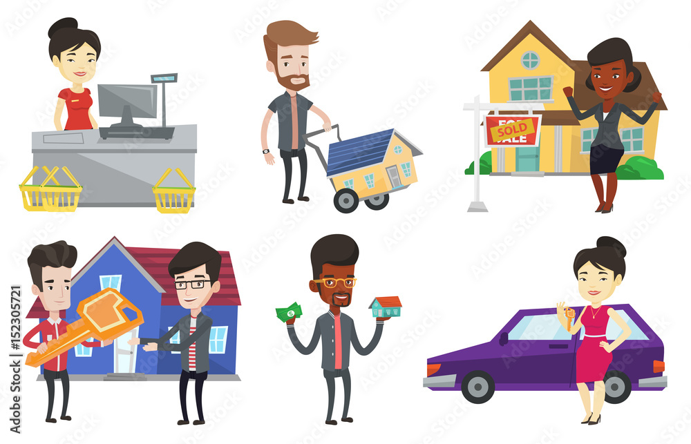 Obraz premium Vector set of real estate agents and house owners.