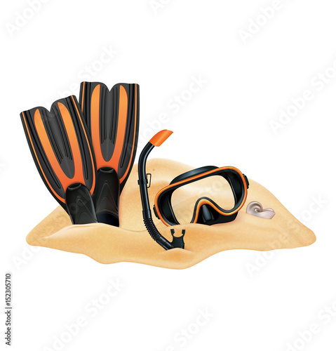 Beach composition. Sand, dive mask, snorkel, flippers. Vector illustration. Vector illustration