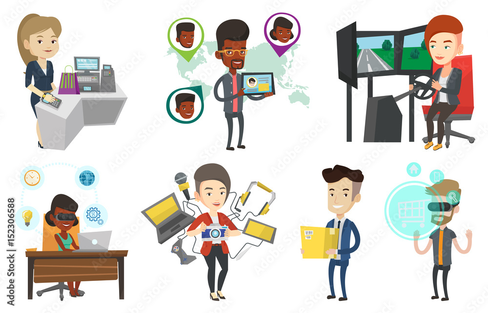 Vector set of people using modern technologies. Vector set of people using modern technologies.