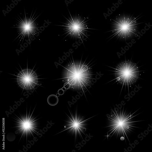 9 different sparkling stars on a black background. Realistic vector lighting effects