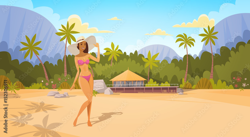 Tanned Woman In Bikini On Beach, Sexy Girl Wear Hat On Summer Sea Vacation Flat Vector Illustration