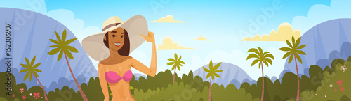 Tanned Woman In Bikini Over Tropical Forest Background, Sexy Girl Wear Hat On Summer Sea Vacation Flat Vector Illustration