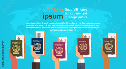 Hands Group Holding Passport Ticket Boarding Pass Travel Document Over World Map Background Flat Vector Illustration