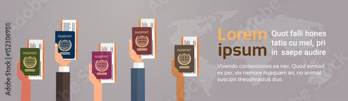 Hands Group Holding Passport Ticket Boarding Pass Travel Document Over World Map Background Flat Vector Illustration