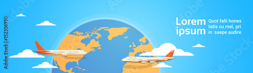 Plane Flying Over World Map Tourism Concept Vacation Trip Air Plane Flight Flat Vector Illustration