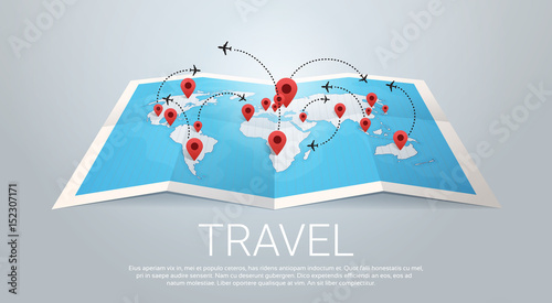 World Map Earth With Pins Travel Concept Vector Illustration