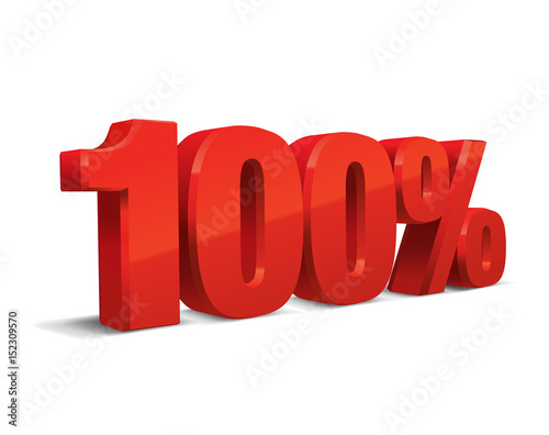 100% percent, 3D object, vector, eps10. Red sign of sale, quality, original, guarantee, natural