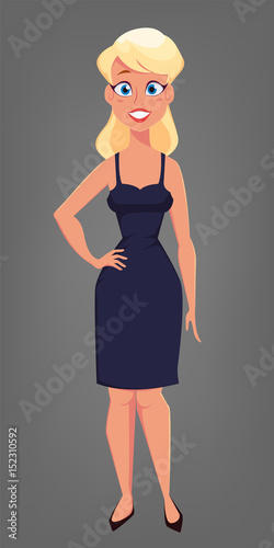 Beautiful blonde woman with big blue eyes. Cute cartoon character. Vector illustration.