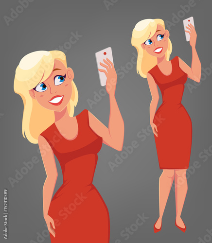 Beautiful blonde woman with big blue eyes holding phone and taking selfie. Cute cartoon character. Vector illustration.