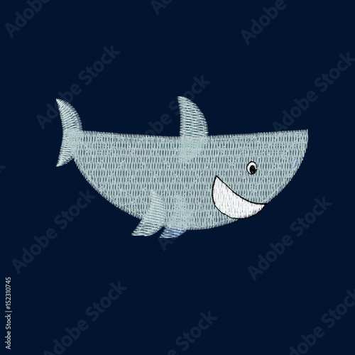 Shark patch embroidery, vector illustration of sea animal, cute character of uderwater life, decorative element for baby, children clothes, things