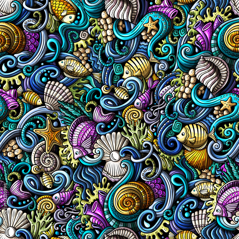Cartoon doodles under water life seamless pattern