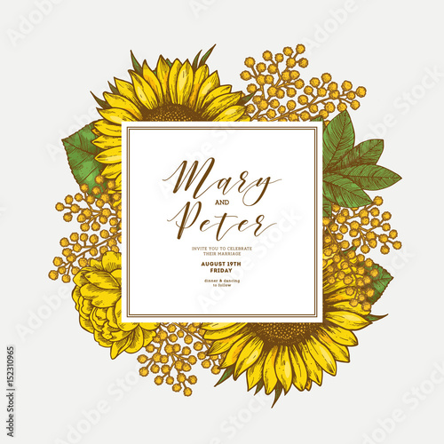 Sunflower vintage wedding invitation. Yellow flowers card design. Vector illustration