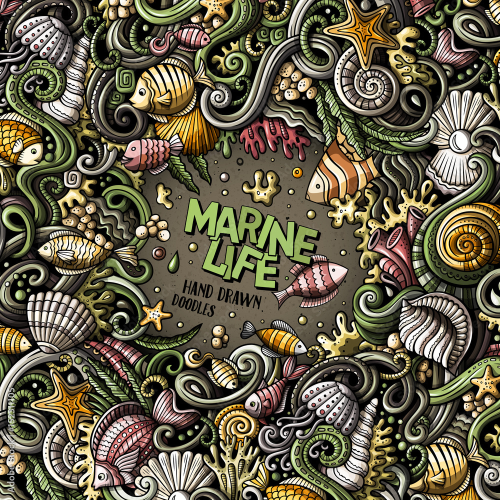 Obraz premium Cartoon hand-drawn doodles Underwater life illustration