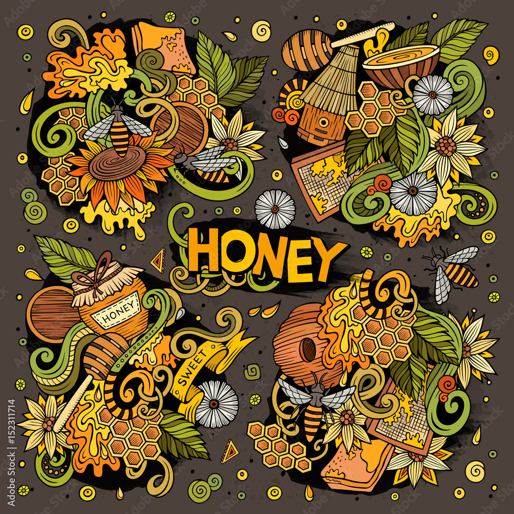 Vector cartoon set of Honey theme doodles design elements